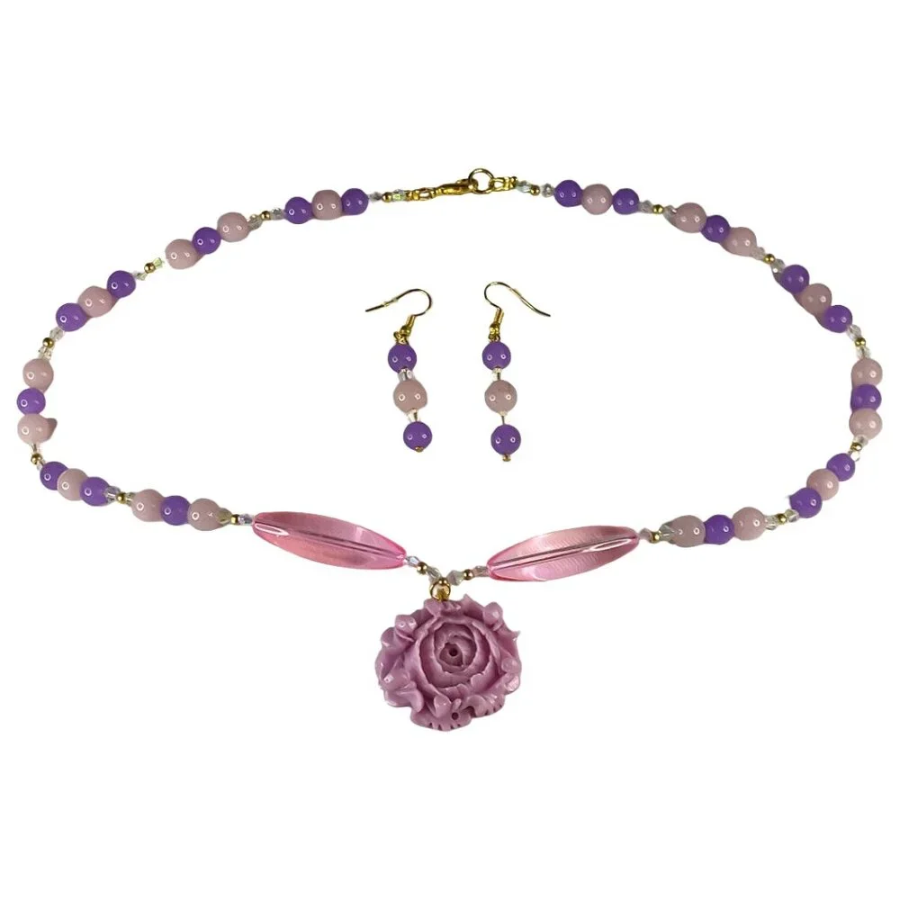 Purple, Pink, and Gold Necklace and Earrings Set Rose Excellent Condition